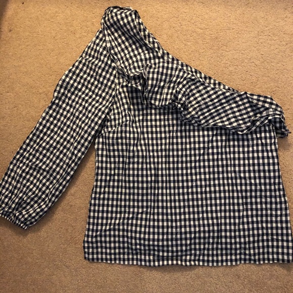 J Crew navy gingham one shoulder blouse Size 4 - Picture 1 of 2